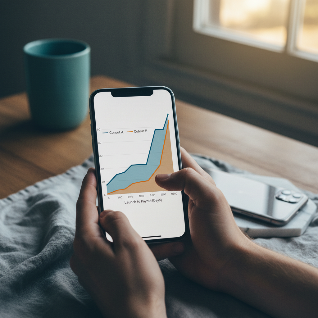 A timeline graph showing two product launch cohorts. Cohort A's payout arrives on Day 21, just in time to fund the primary expenses of Cohort B, which launches on Day 20.
