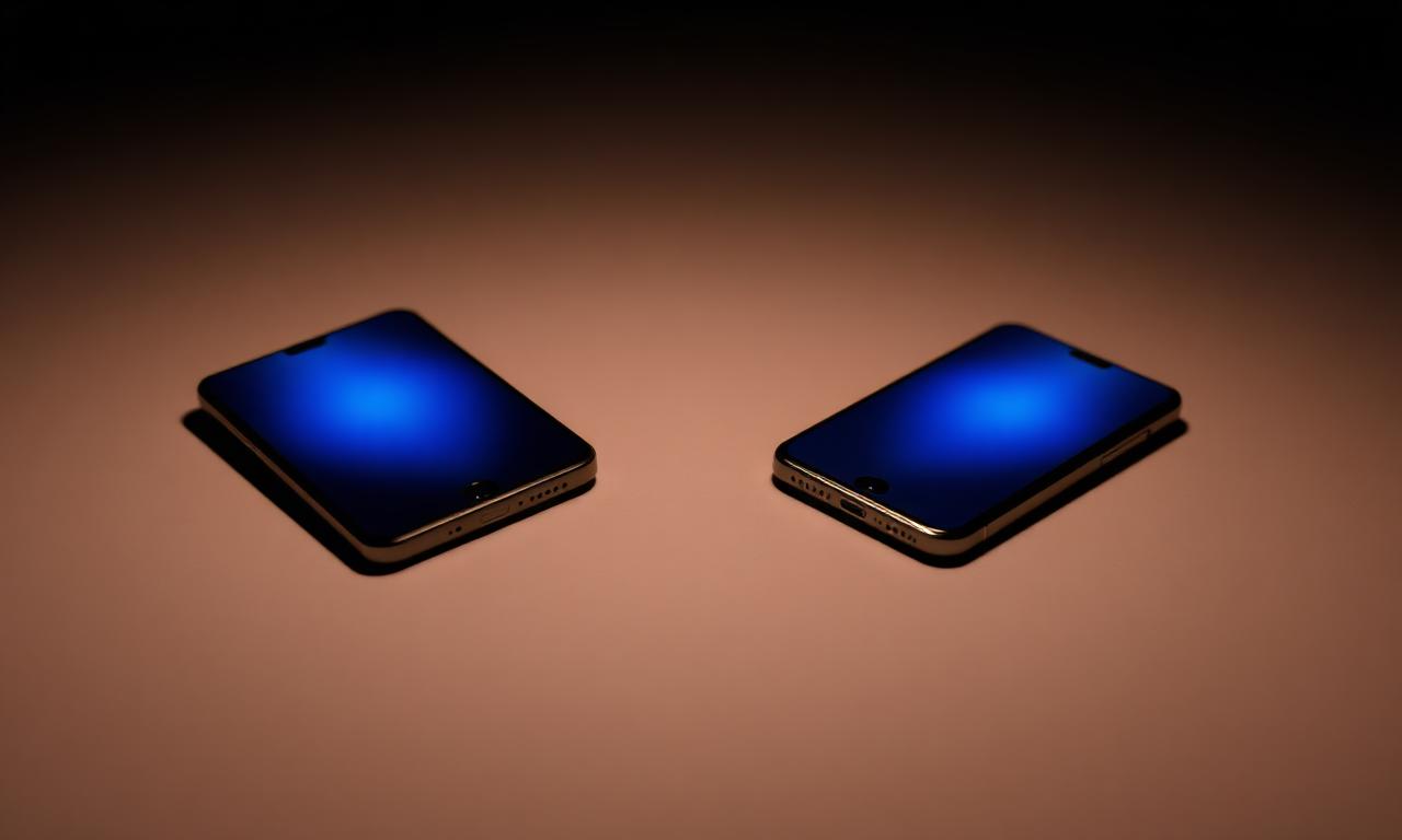 Two smartphones lit by soft blue light on a warm taupe surface, symbolising a head-to-head comparison of two Telegram creator tools