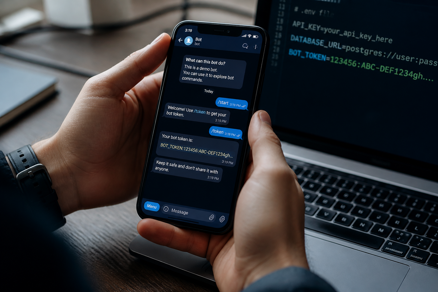 Editorial illustration for: How to Get a Telegram Bot Token (and Keep It Safe)