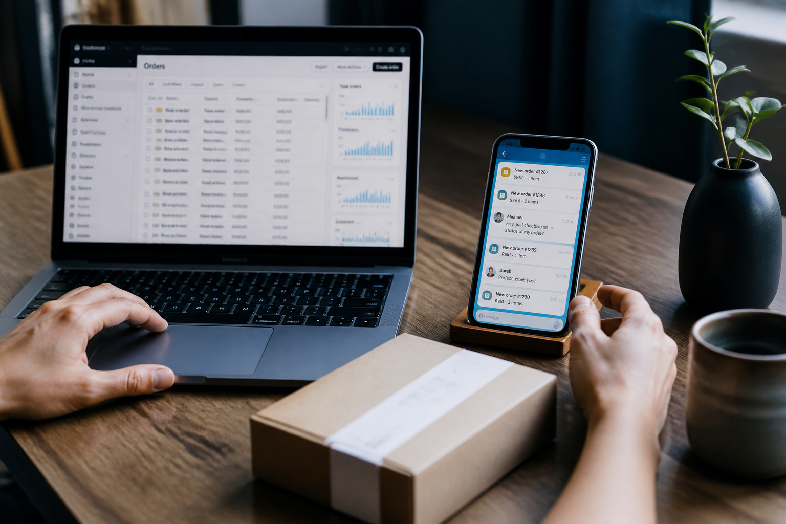 Editorial photograph illustrating: Telegram bot for Shopify: orders, fulfillment, and customer updates