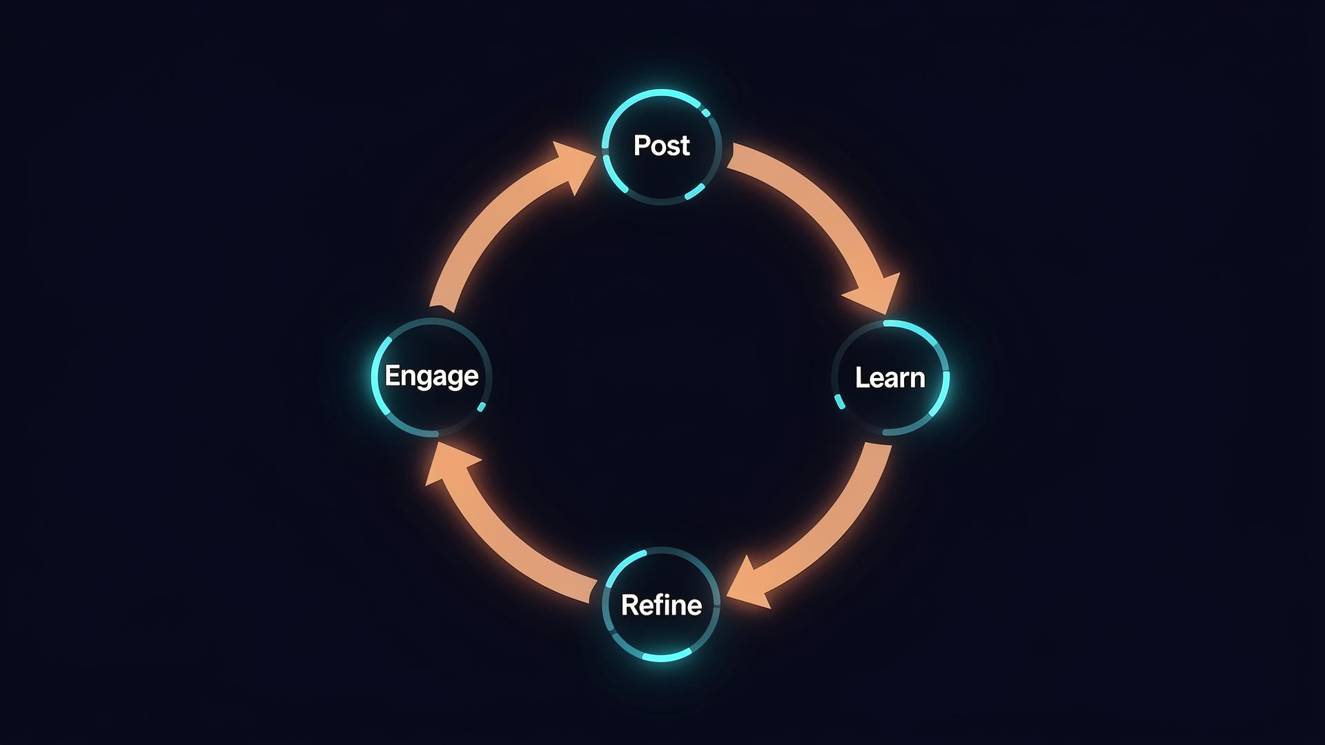 A flywheel diagram showing the cycle of posting content, gathering feedback through polls and discussions, and refining future content to build trust.