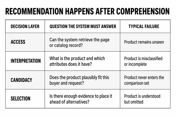 Recommendation happens after comprehension: 4 decision layers (Access, Interpretation, Candidacy, Selection) and their typical failures