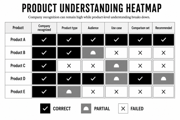 Product Understanding Heatmap: for each product, track whether AI recognized the company, product type, audience, use case, comparison set, and recommendation