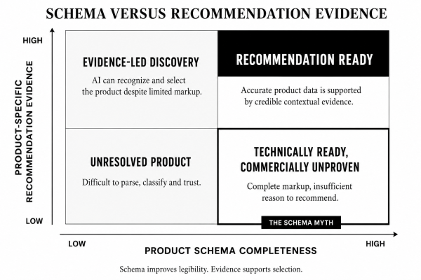 Schema versus Recommendation Evidence: 2x2 matrix showing product schema completeness against product-specific recommendation evidence